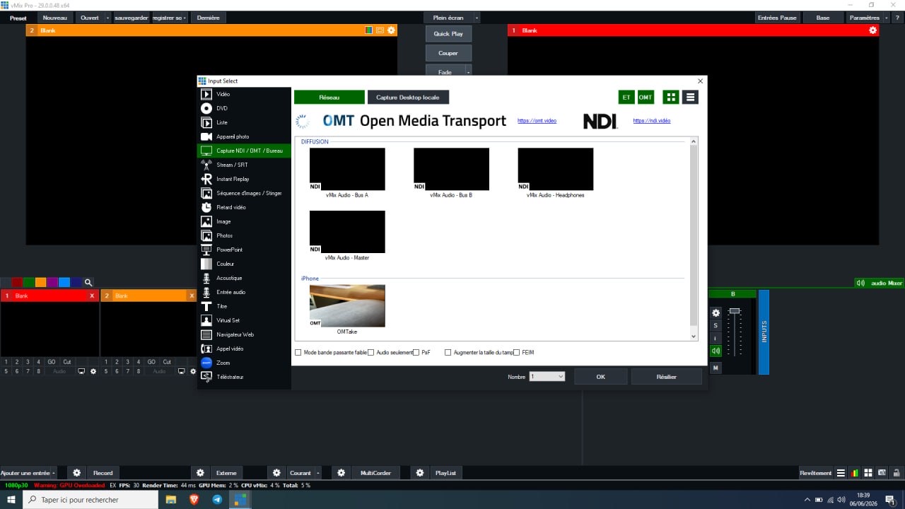 The vMix Input Select window on the NDI / OMT / Desktop Capture tab, with the iPhone listed as an OMT source named OMTake below the NDI sources.